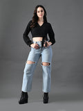 Myshka Women's Stylish Black Wrap Crop Top With Full Sleeves | Grocsy