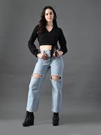 Myshka Women's Stylish Black Wrap Crop Top With Full Sleeves | Grocsy
