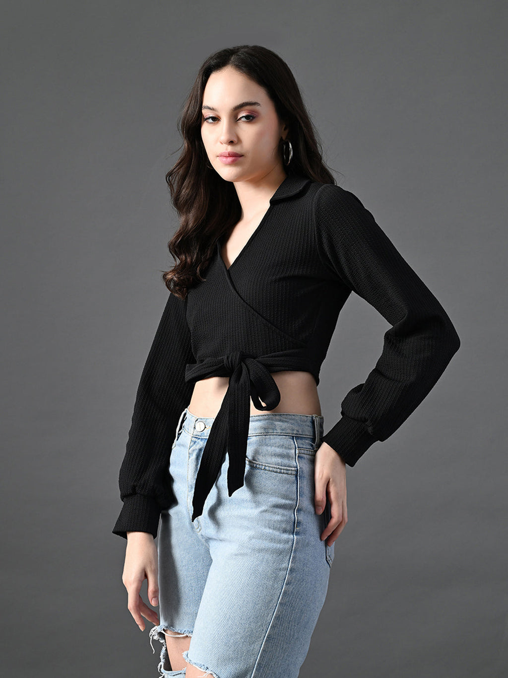 Myshka Women's Stylish Black Wrap Crop Top With Full Sleeves | Grocsy