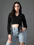 Myshka Women's Stylish Black Wrap Crop Top With Full Sleeves | Grocsy