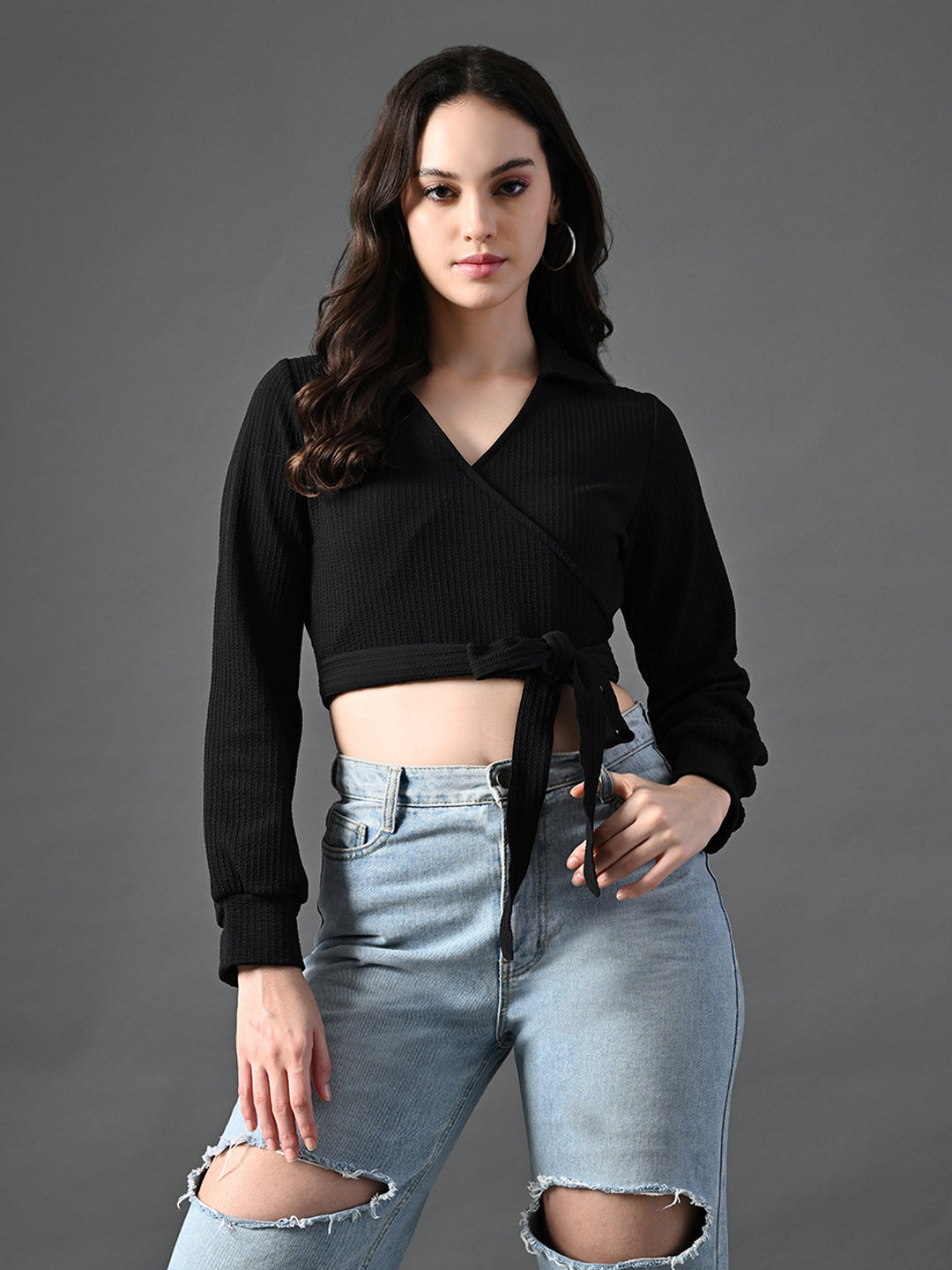 Myshka Women's Stylish Black Wrap Crop Top With Full Sleeves | Grocsy