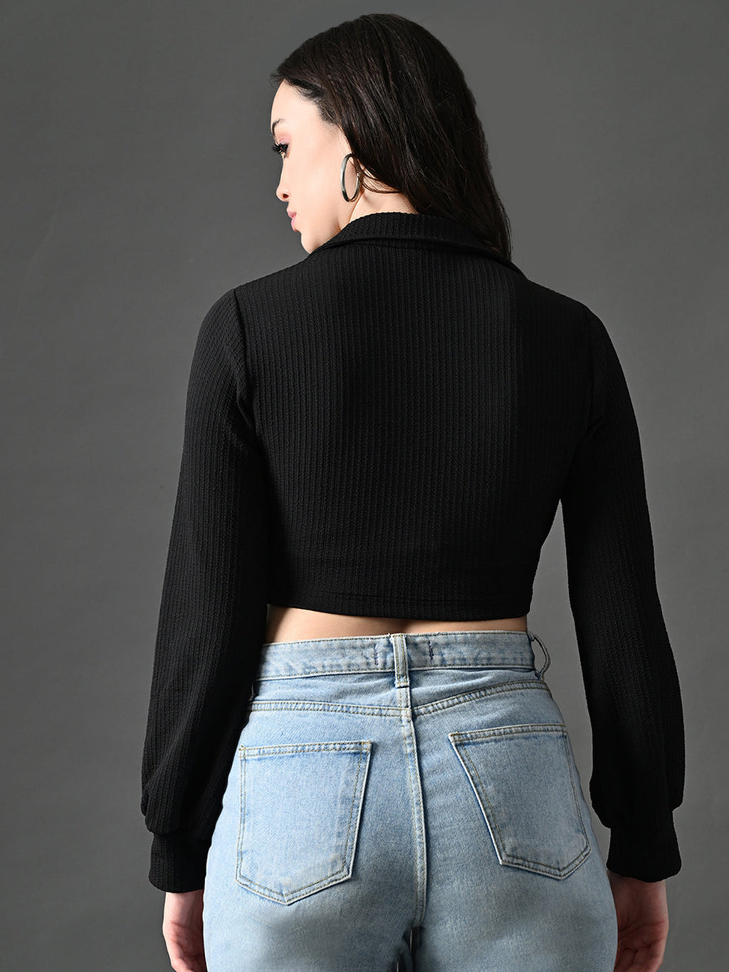 Myshka Women's Stylish Black Wrap Crop Top With Full Sleeves | Grocsy