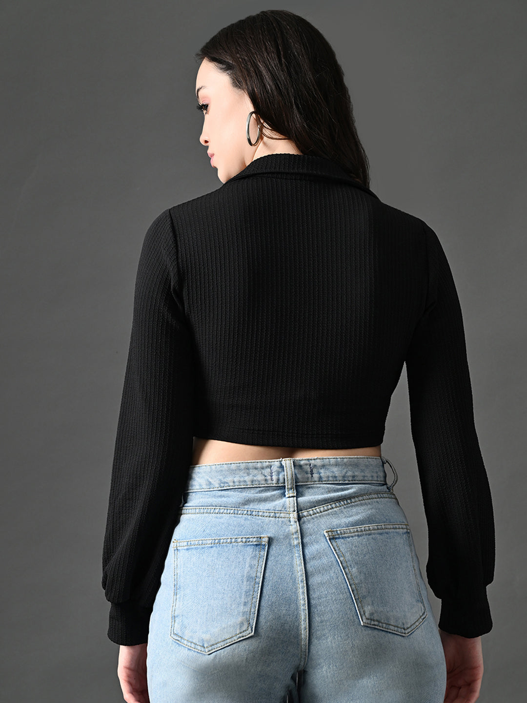 Myshka Women's Stylish Black Wrap Crop Top With Full Sleeves | Grocsy