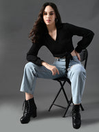 Myshka Women's Stylish Black Wrap Crop Top With Full Sleeves | Grocsy