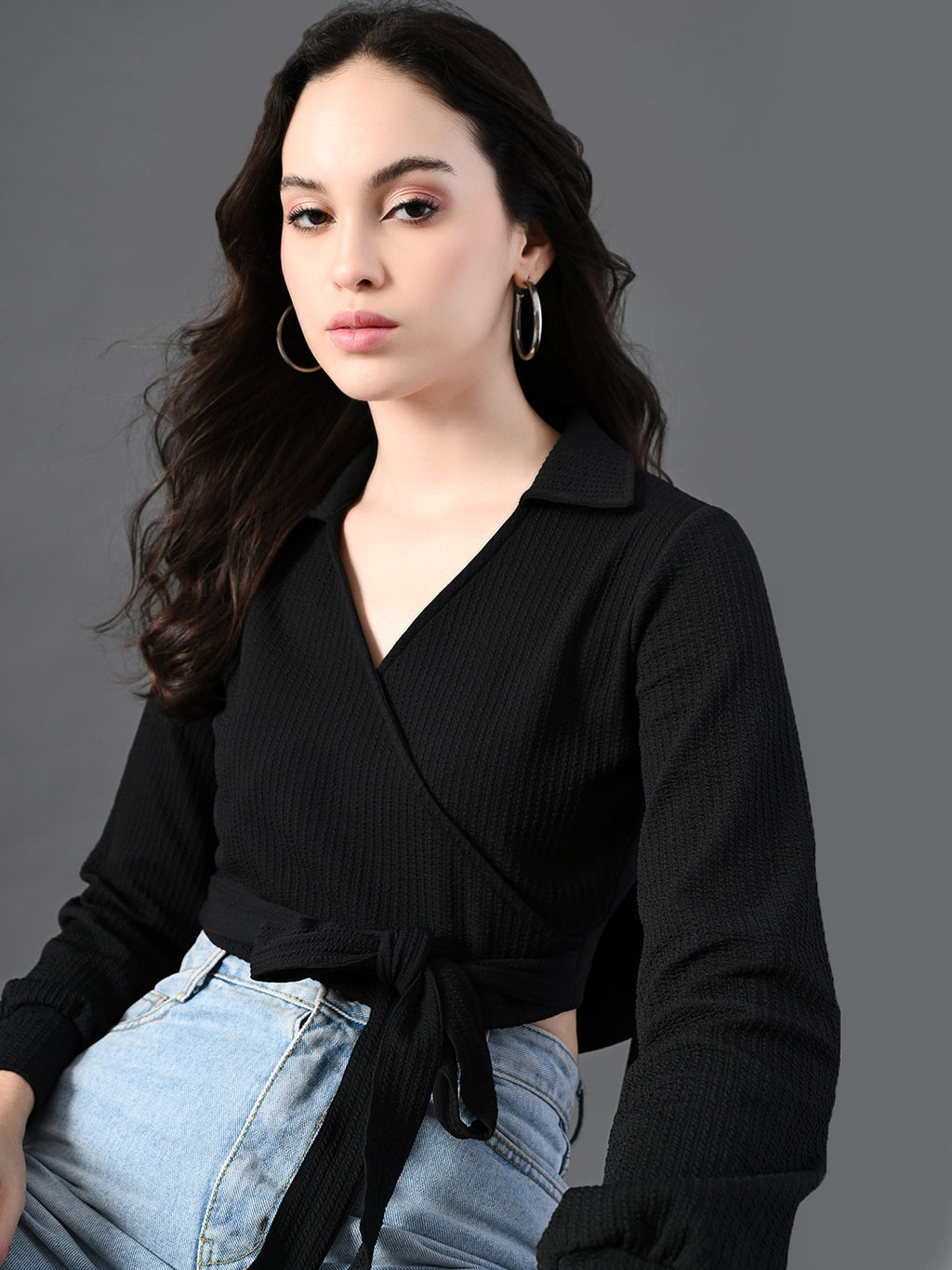 Myshka Women's Stylish Black Wrap Crop Top With Full Sleeves | Grocsy