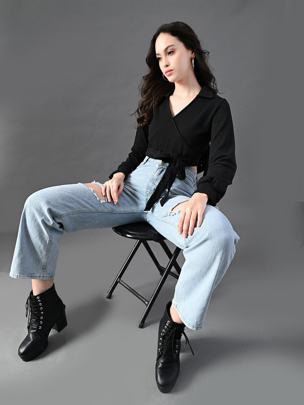 Myshka Women's Stylish Black Wrap Crop Top With Full Sleeves | Grocsy