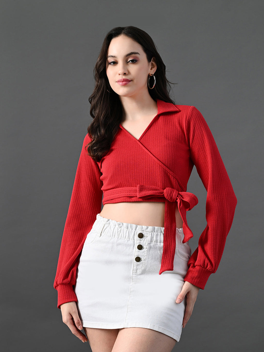 Myshka Women's Stylish Red Wrap Crop Top With Full Sleeves | Grocsy