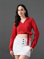 Myshka Women's Stylish Red Wrap Crop Top With Full Sleeves | Grocsy