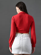 Myshka Women's Stylish Red Wrap Crop Top With Full Sleeves | Grocsy