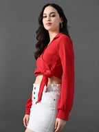 Myshka Women's Stylish Red Wrap Crop Top With Full Sleeves | Grocsy