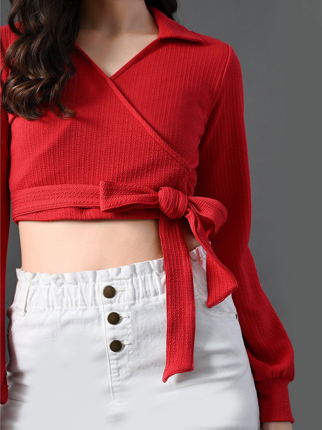 Myshka Women's Stylish Red Wrap Crop Top With Full Sleeves | Grocsy