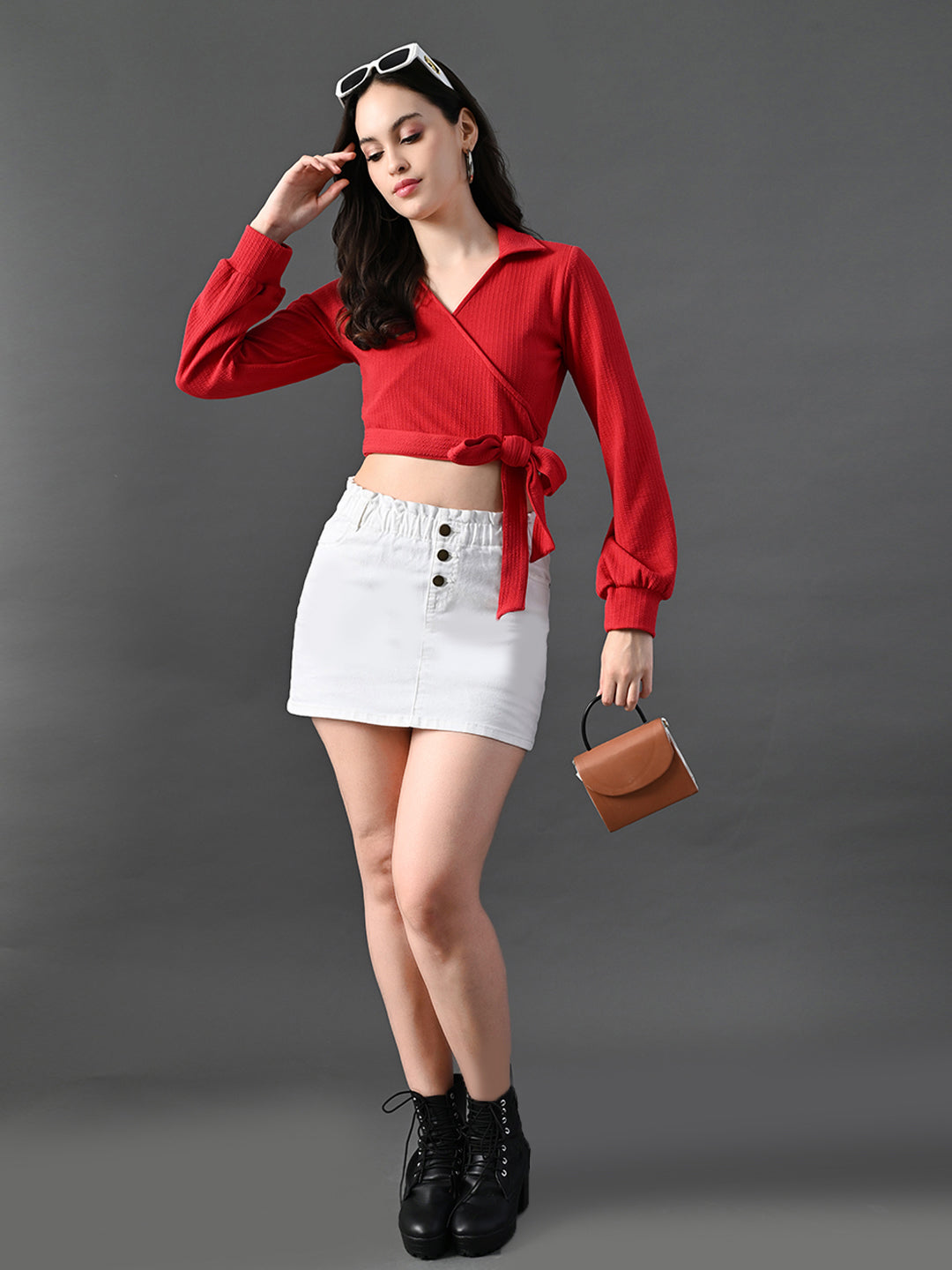 Myshka Women's Stylish Red Wrap Crop Top With Full Sleeves | Grocsy