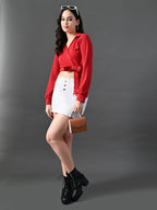 Myshka Women's Stylish Red Wrap Crop Top With Full Sleeves | Grocsy