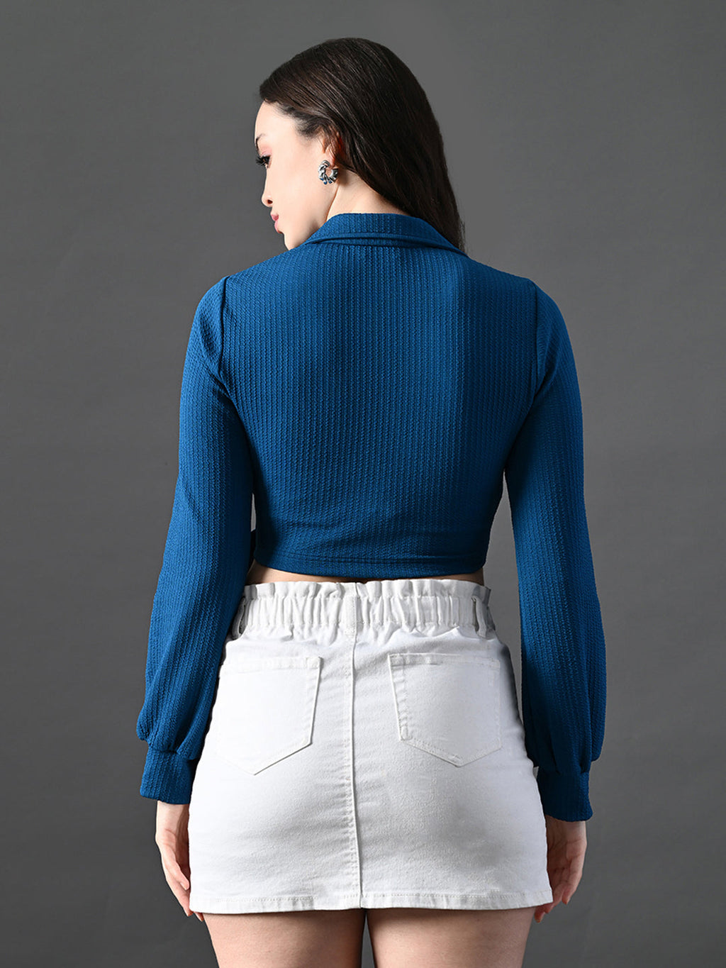Myshka Women's Stylish Blue Wrap Crop Top With Full Sleeves | Grocsy
