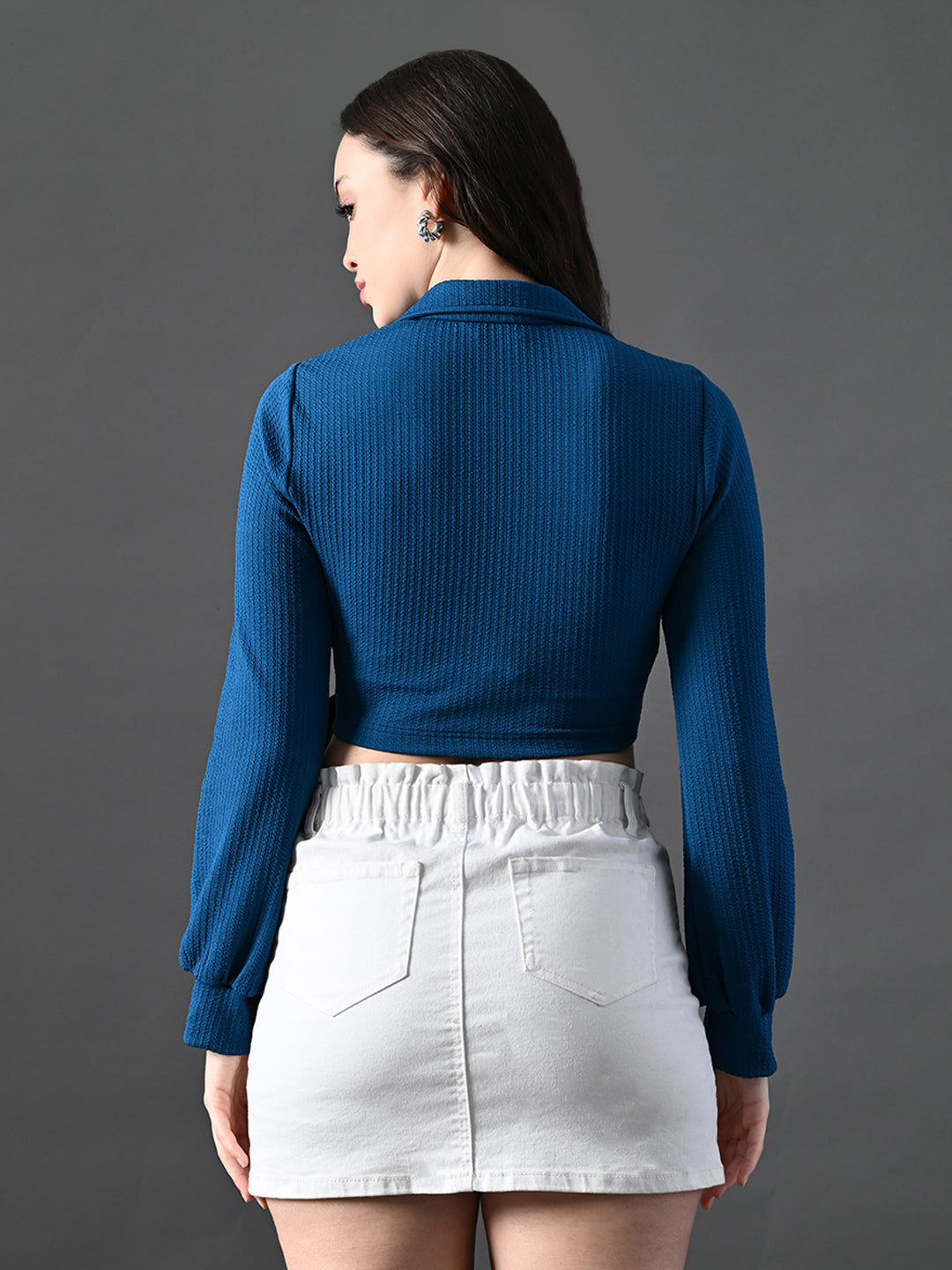 Myshka Women's Stylish Blue Wrap Crop Top With Full Sleeves | Grocsy