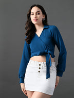Myshka Women's Stylish Blue Wrap Crop Top With Full Sleeves | Grocsy