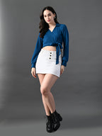 Myshka Women's Stylish Blue Wrap Crop Top With Full Sleeves | Grocsy