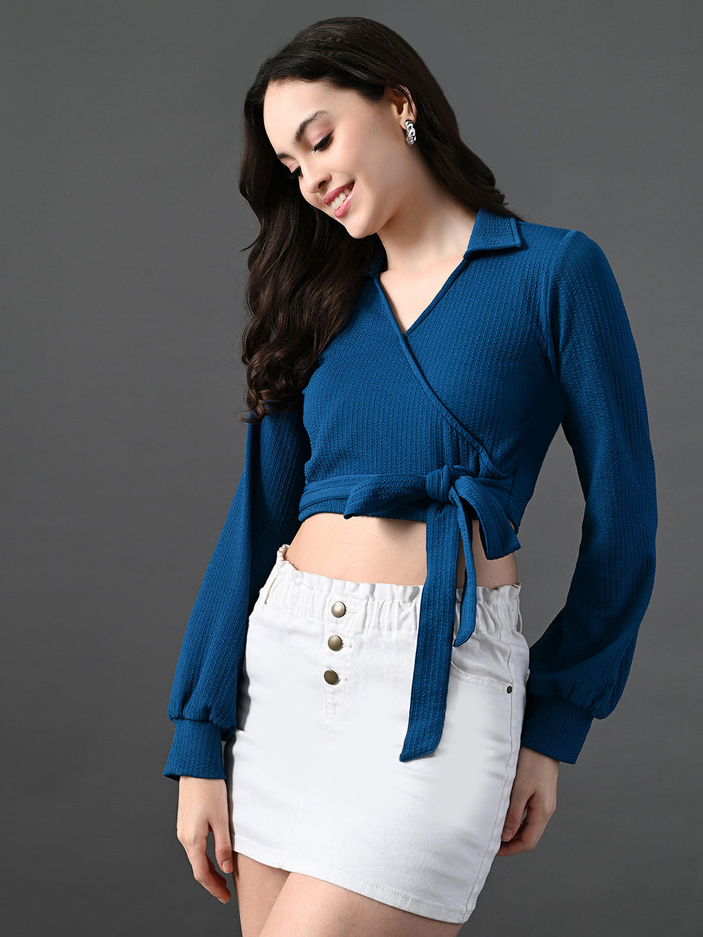 Myshka Women's Stylish Blue Wrap Crop Top With Full Sleeves | Grocsy