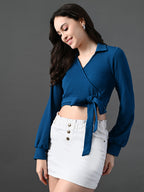 Myshka Women's Stylish Blue Wrap Crop Top With Full Sleeves | Grocsy