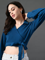 Myshka Women's Stylish Blue Wrap Crop Top With Full Sleeves | Grocsy