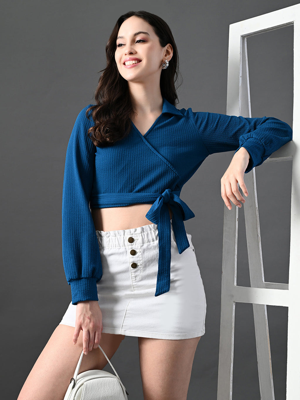 Myshka Women's Stylish Blue Wrap Crop Top With Full Sleeves | Grocsy