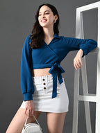 Myshka Women's Stylish Blue Wrap Crop Top With Full Sleeves | Grocsy