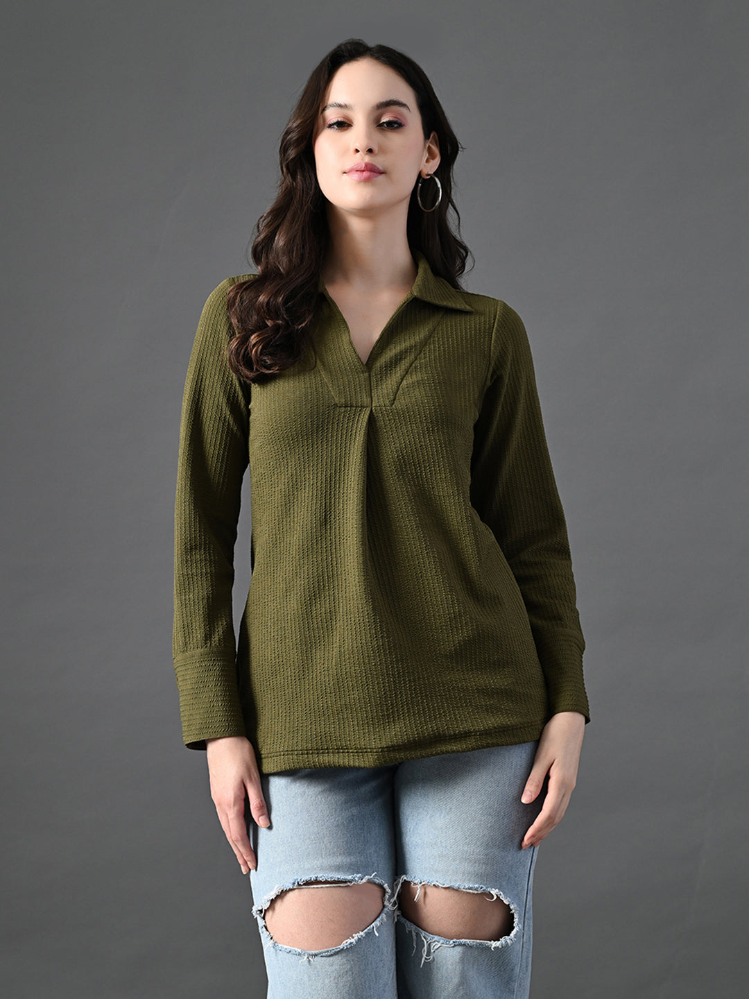 Myshka Women's Classic Olive Green V-Neck Full Sleeve Top For Daily Wear | Grocsy