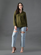 Myshka Women's Classic Olive Green V-Neck Full Sleeve Top For Daily Wear | Grocsy