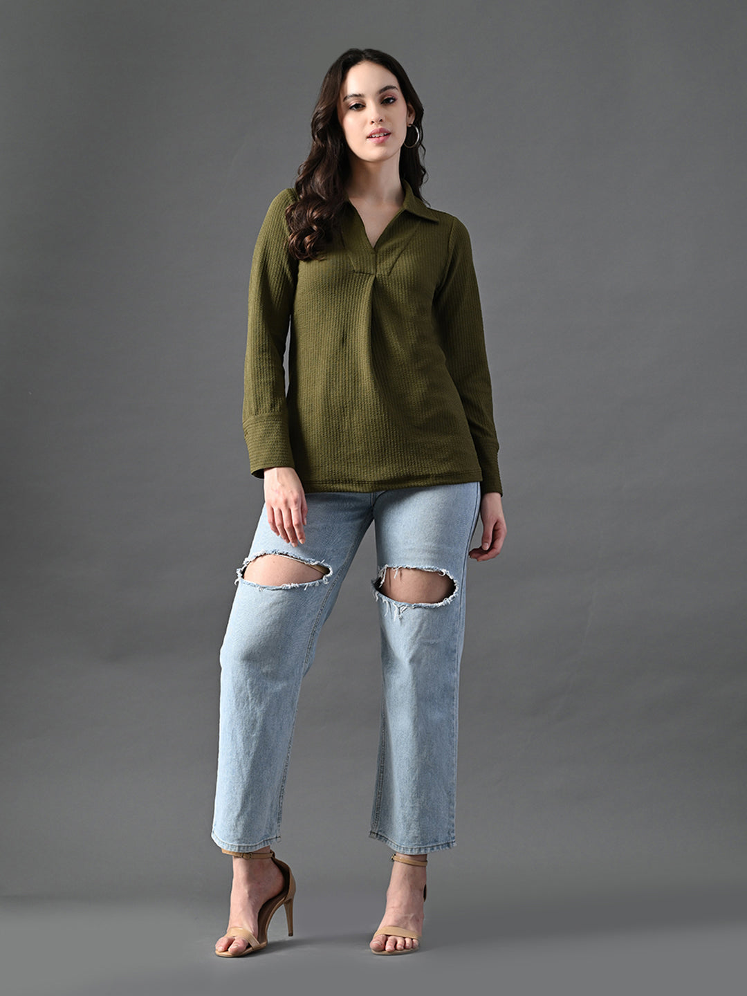 Myshka Women's Classic Olive Green V-Neck Full Sleeve Top For Daily Wear | Grocsy