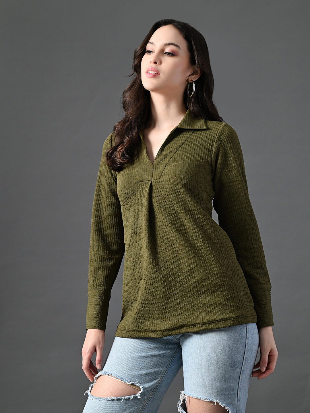 Myshka Women's Classic Olive Green V-Neck Full Sleeve Top For Daily Wear | Grocsy
