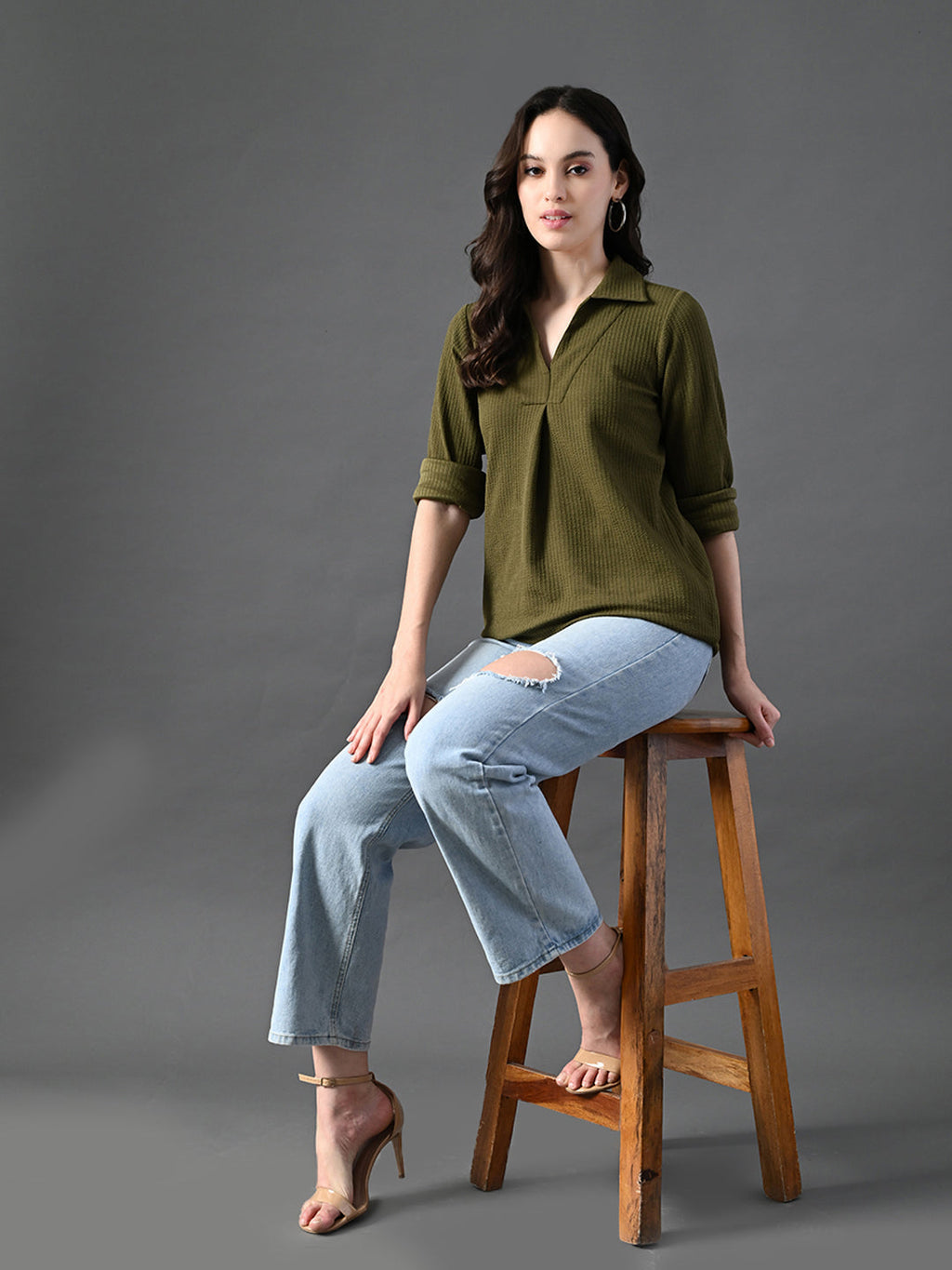 Myshka Women's Classic Olive Green V-Neck Full Sleeve Top For Daily Wear | Grocsy