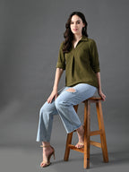 Myshka Women's Classic Olive Green V-Neck Full Sleeve Top For Daily Wear | Grocsy