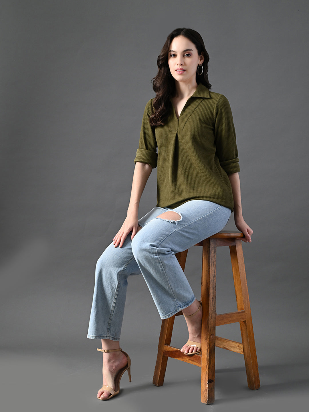 Myshka Women's Classic Olive Green V-Neck Full Sleeve Top For Daily Wear | Grocsy