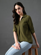 Myshka Women's Classic Olive Green V-Neck Full Sleeve Top For Daily Wear | Grocsy