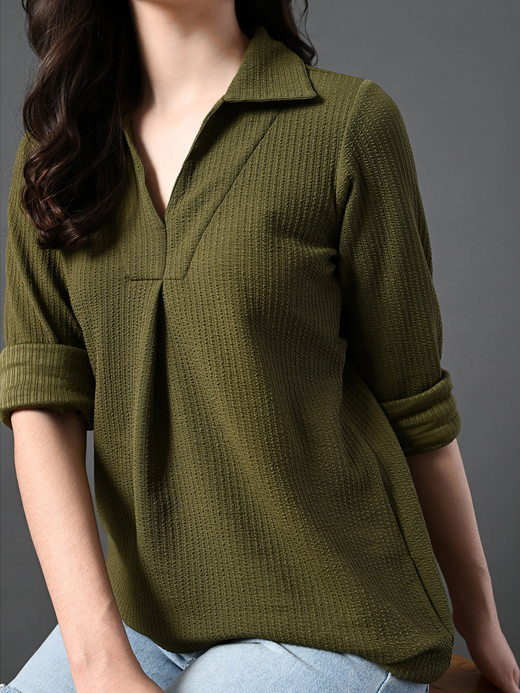 Myshka Women's Classic Olive Green V-Neck Full Sleeve Top For Daily Wear | Grocsy