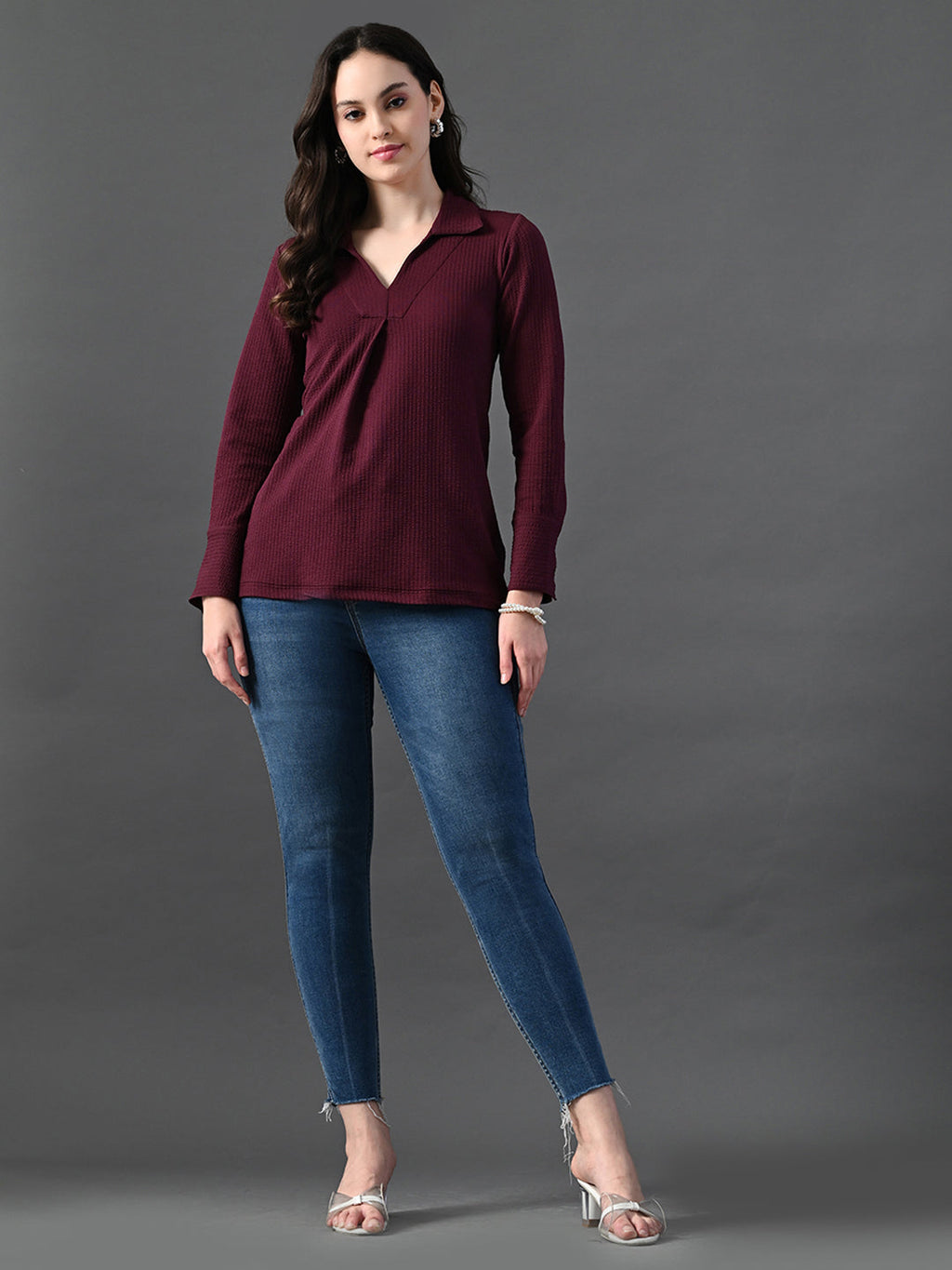 Myshka Women's Classic Magenta V-Neck Full Sleeve Top For Daily Wear | Grocsy