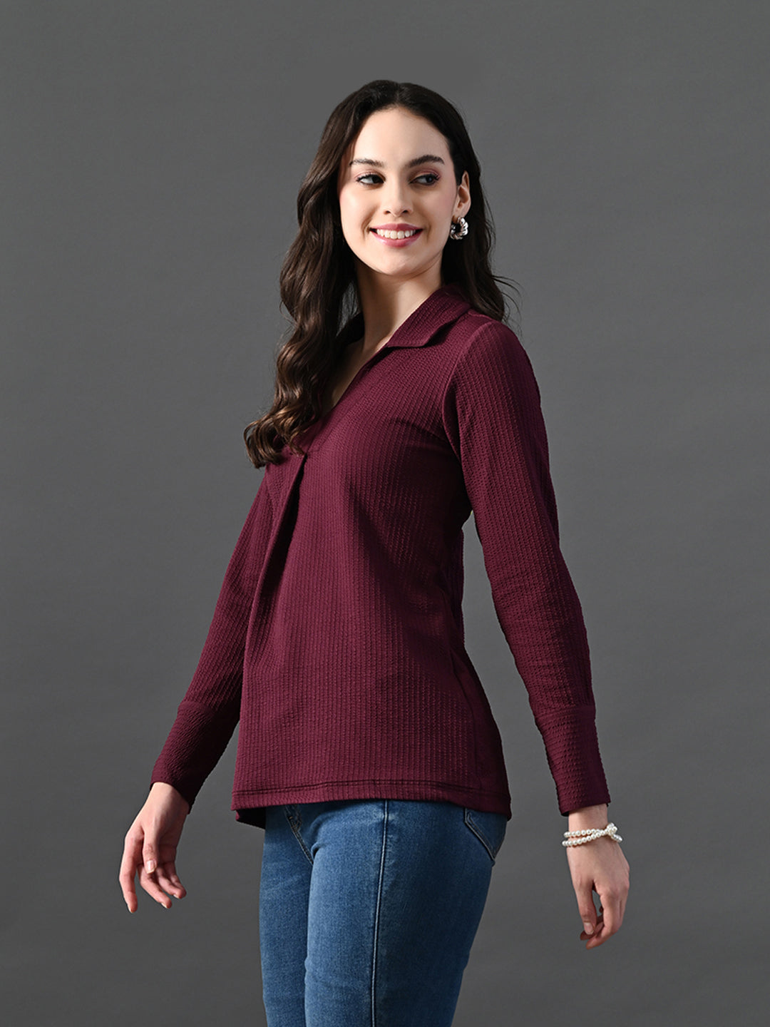 Myshka Women's Classic Magenta V-Neck Full Sleeve Top For Daily Wear | Grocsy