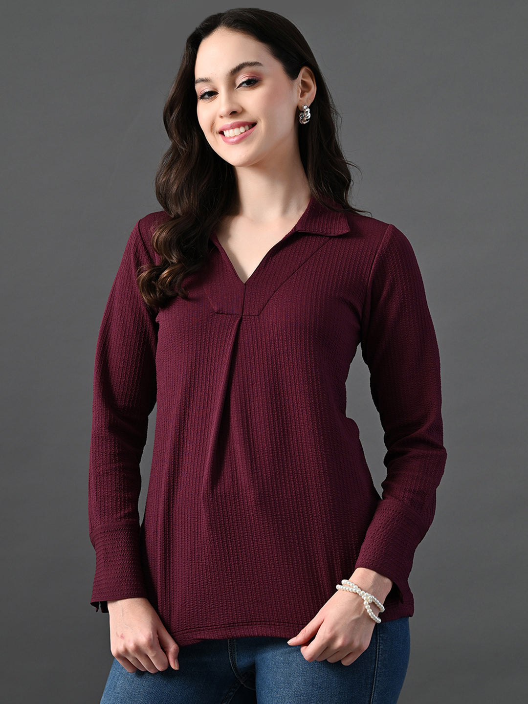 Myshka Women's Classic Magenta V-Neck Full Sleeve Top For Daily Wear | Grocsy