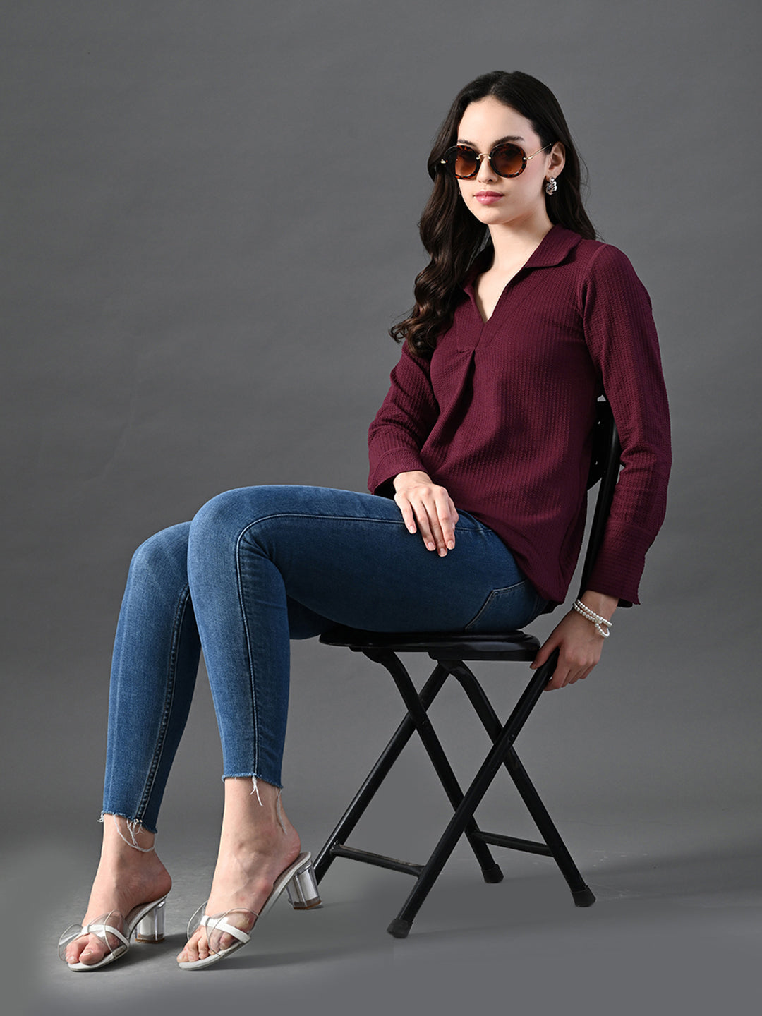 Myshka Women's Classic Magenta V-Neck Full Sleeve Top For Daily Wear | Grocsy