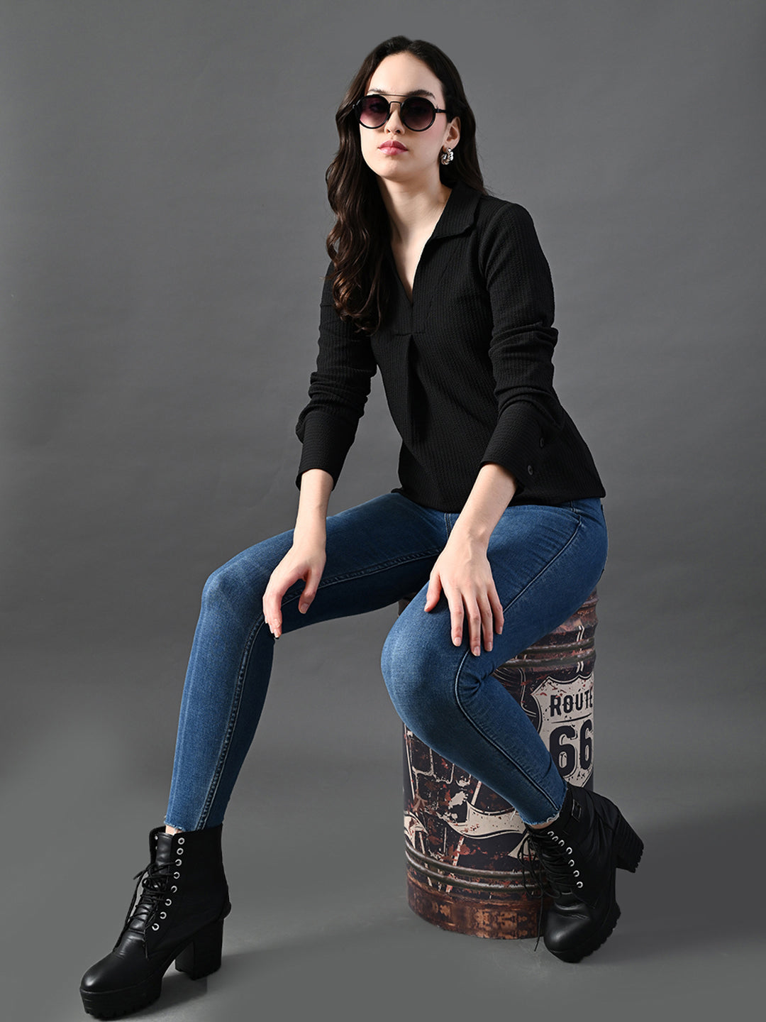 Myshka Women's Classic Black V-Neck Full Sleeve Top For Daily Wear | Grocsy