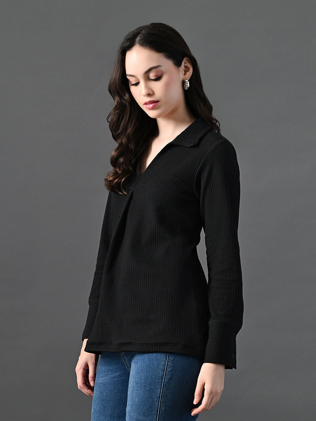 Myshka Women's Classic Black V-Neck Full Sleeve Top For Daily Wear | Grocsy