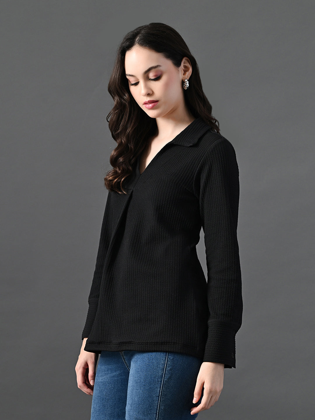 Myshka Women's Classic Black V-Neck Full Sleeve Top For Daily Wear | Grocsy