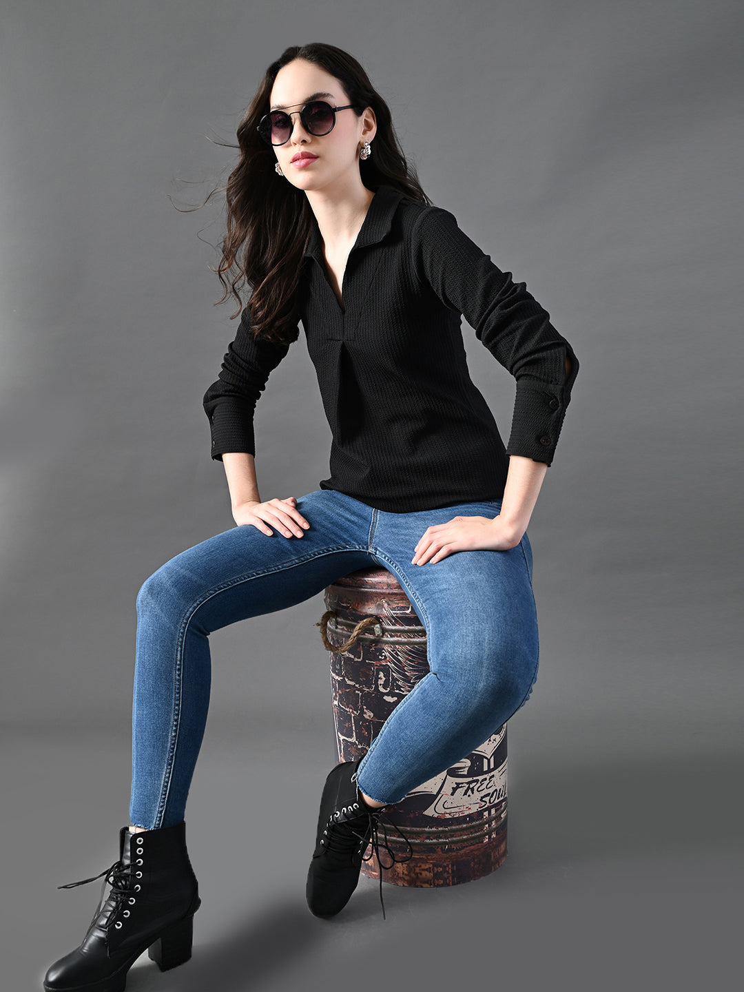 Myshka Women's Classic Black V-Neck Full Sleeve Top For Daily Wear | Grocsy