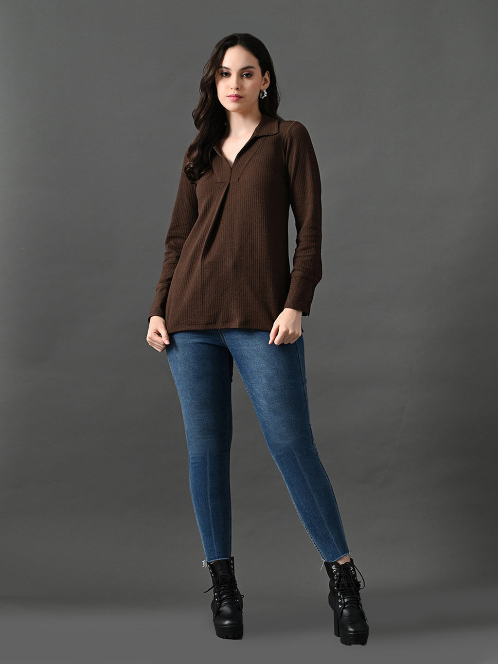Myshka Women's Classic Coffe Brown V-Neck Full Sleeve Top For Daily Wear | Grocsy