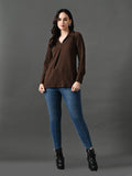 Myshka Women's Classic Coffe Brown V-Neck Full Sleeve Top For Daily Wear | Grocsy