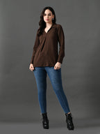 Myshka Women's Classic Coffe Brown V-Neck Full Sleeve Top For Daily Wear | Grocsy