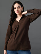Myshka Women's Classic Coffe Brown V-Neck Full Sleeve Top For Daily Wear | Grocsy