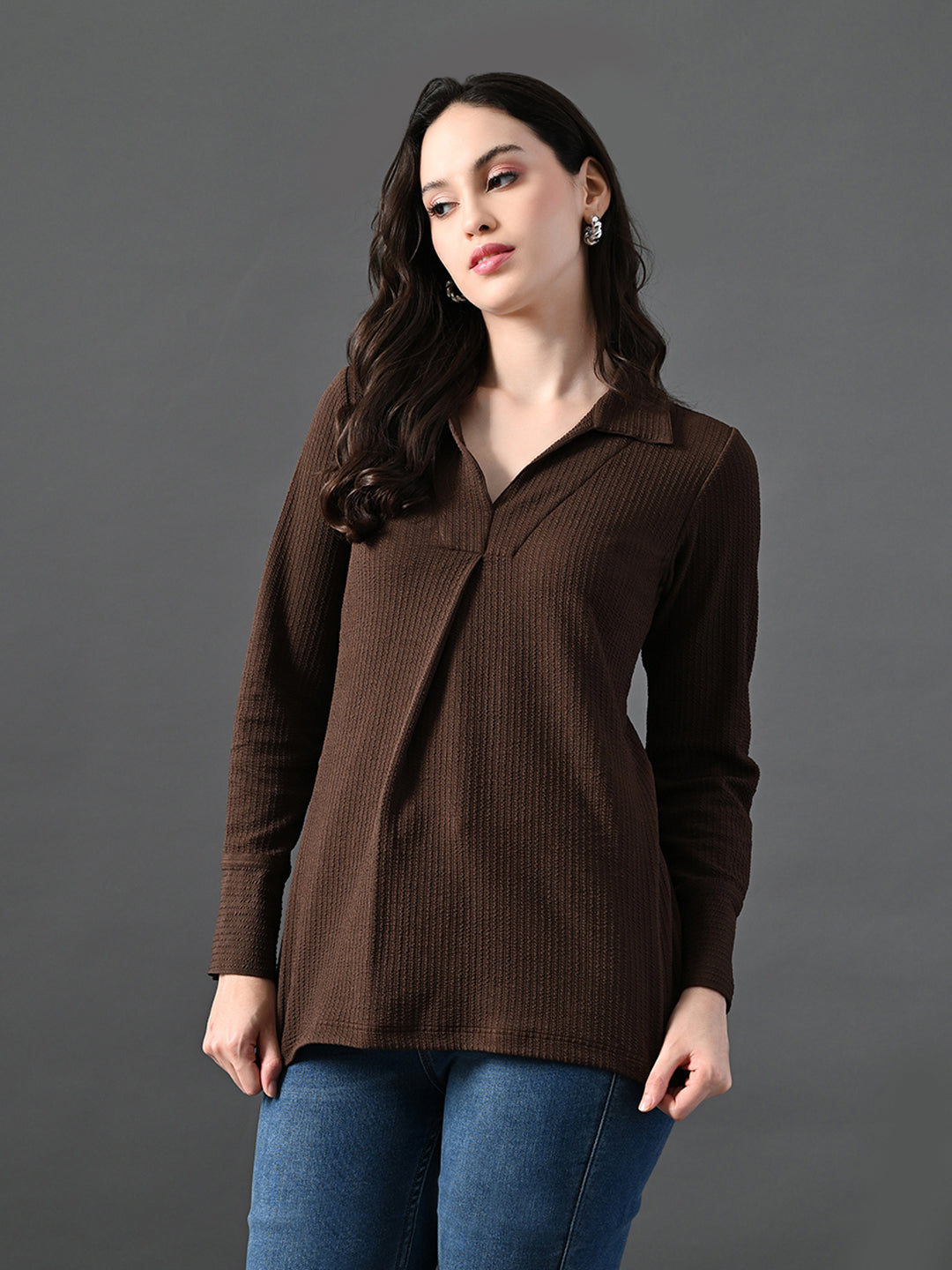 Myshka Women's Classic Coffe Brown V-Neck Full Sleeve Top For Daily Wear | Grocsy
