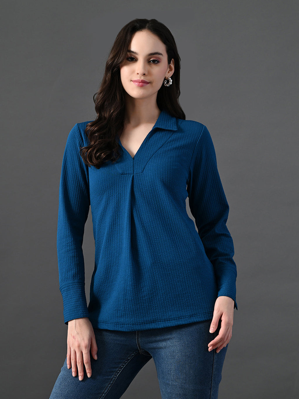 Myshka Women's Classic Blue V-Neck Full Sleeve Top For Daily Wear | Grocsy