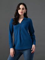 Myshka Women's Classic Blue V-Neck Full Sleeve Top For Daily Wear | Grocsy